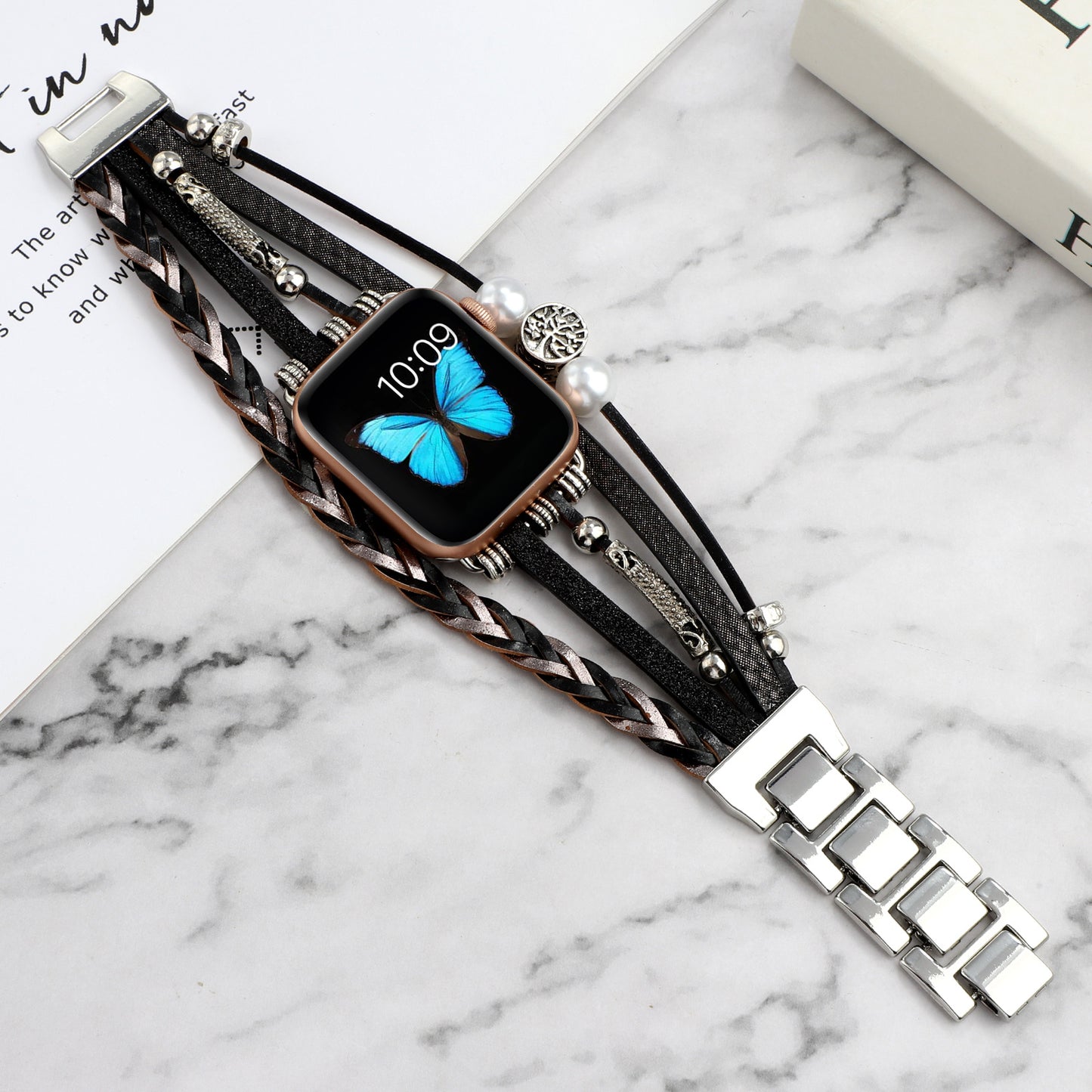 Vintage Metal Leather Jewelry Wrist Strap Smart Watch Strap